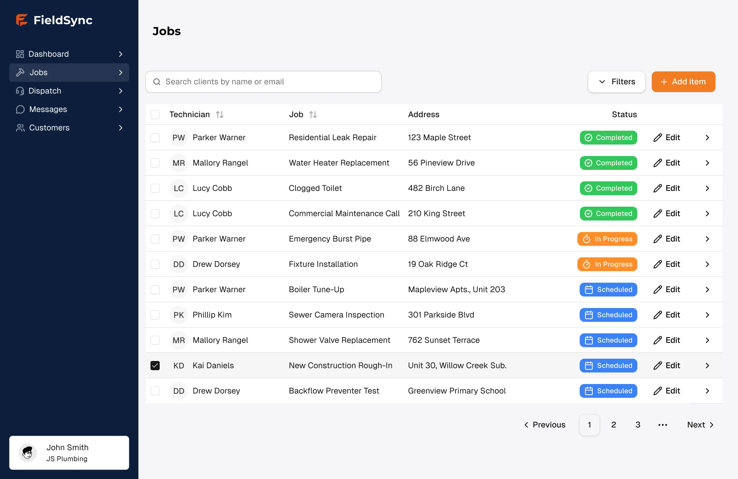 Screenshot of the jobs page of the FieldSync application showing rows of jobs with technician, job, address, and status columns.